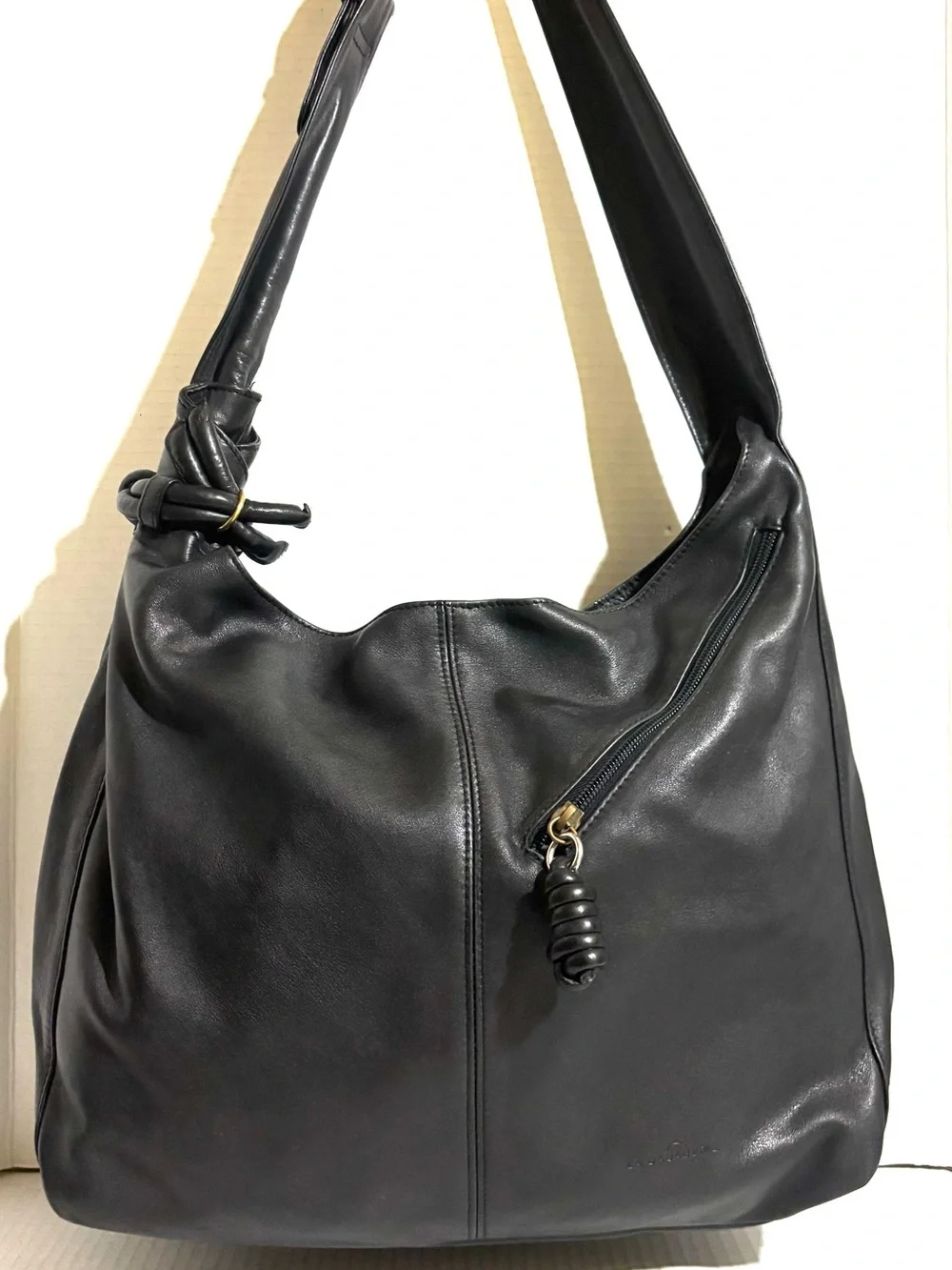 Black Leather Shoulder Hobo Bag with Zip Accent
